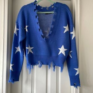 Oversized one sized, blue, white star, crop sweater.